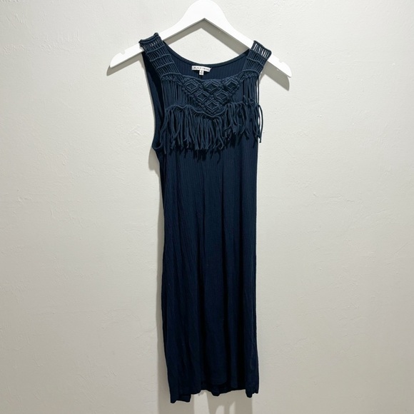 BLACK SWAN Women’s Navy Blue Ribbed Cutout Back Boho Dress Crochet Trim Size M - Picture 1 of 8